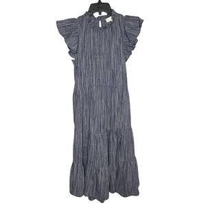 Pinch Cotton Linen Blend Tiered Blue Ruffle Flutter Sleeve Midi Dress Size Small